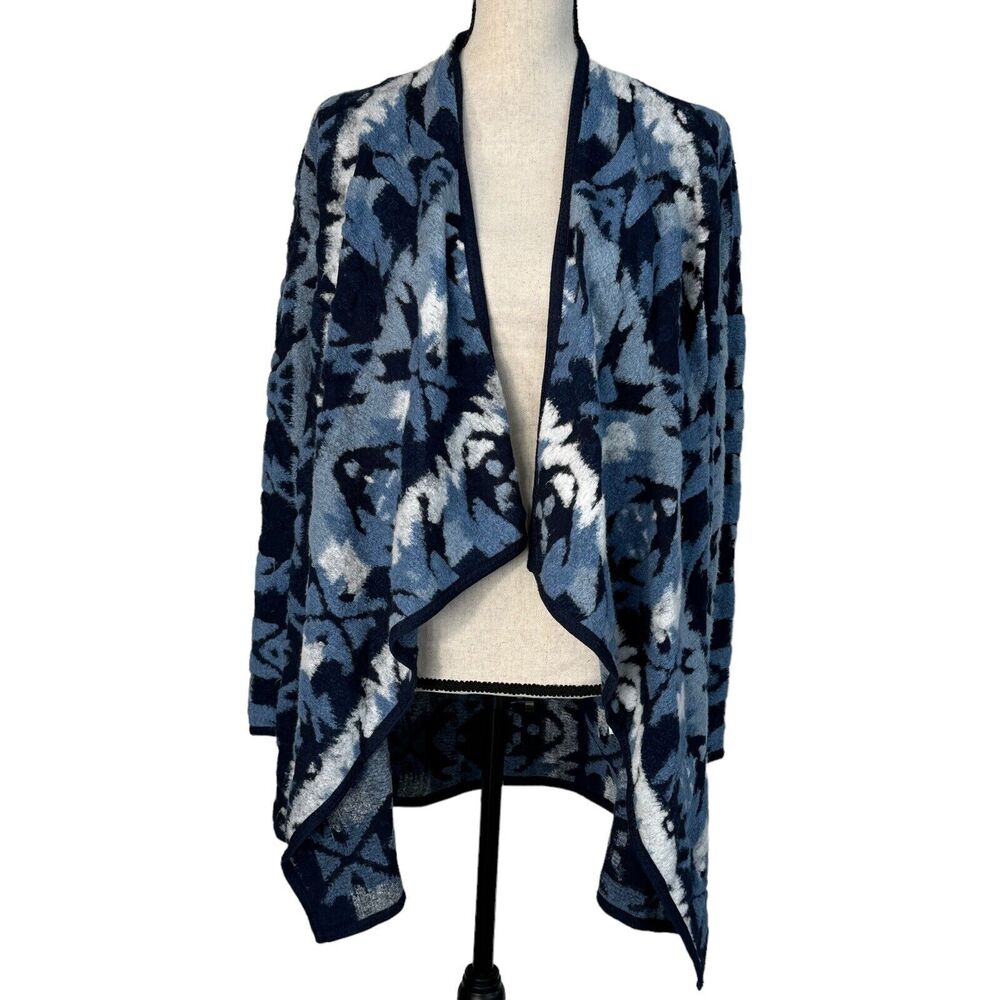 Lucky Brand Small Draped Cardigan Abstract Open Front Long Sleeve Stretch Blue